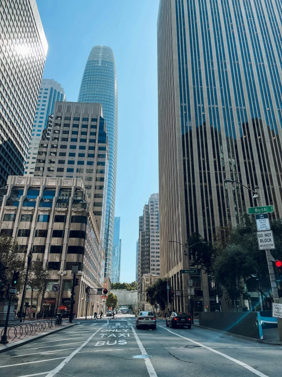 the view up on a street in an urban area