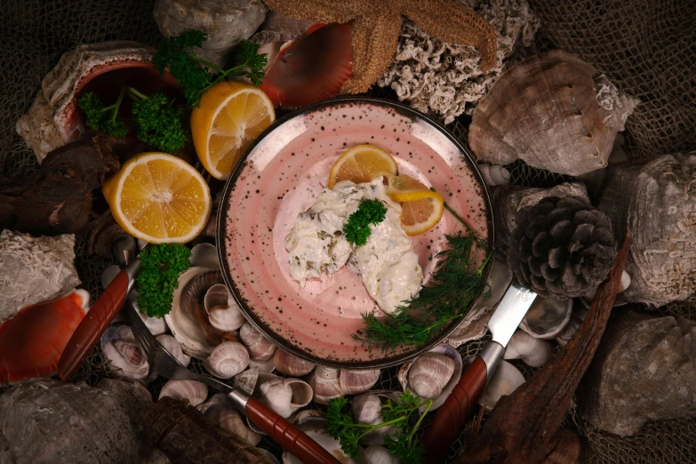 some type of food served in a bowl with lemon wedges