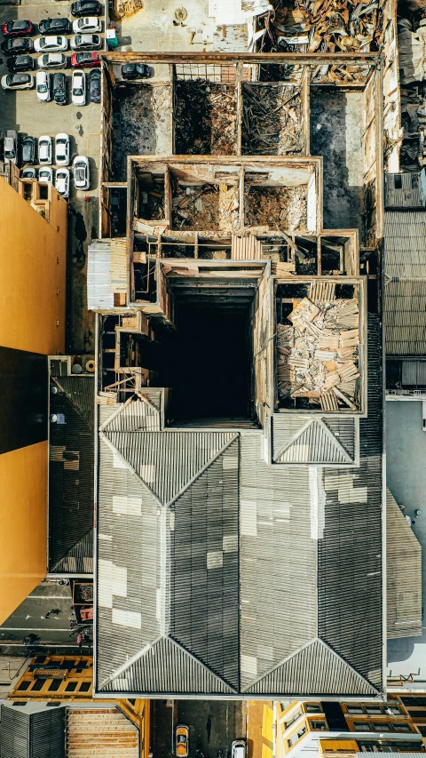 an aerial view of many buildings and roofs