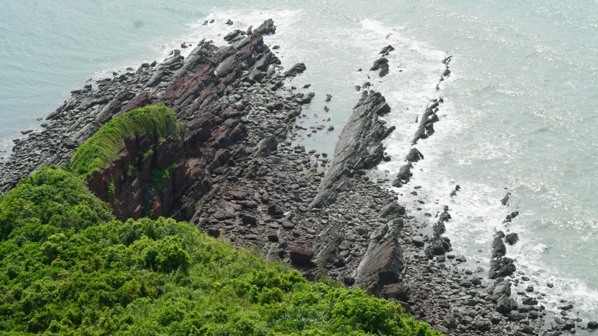 the rocks are near the water and are not covered by vegetation