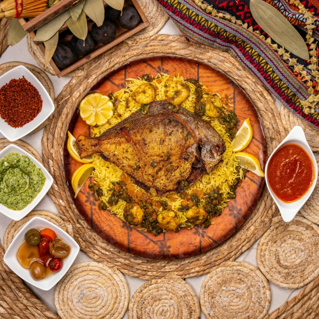 a serving dish is shown surrounded by condiments