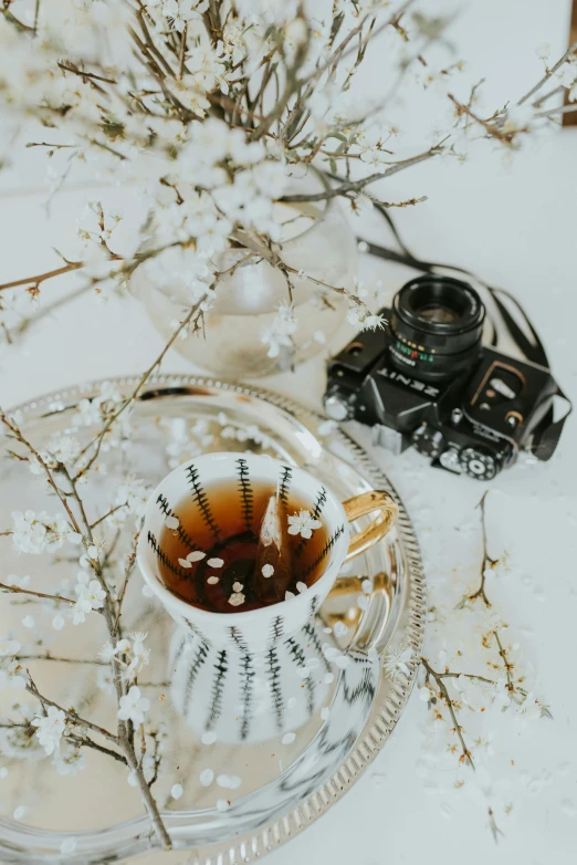 a glass plate with a mug in it