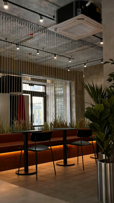 a modern looking rest room with plants on the back