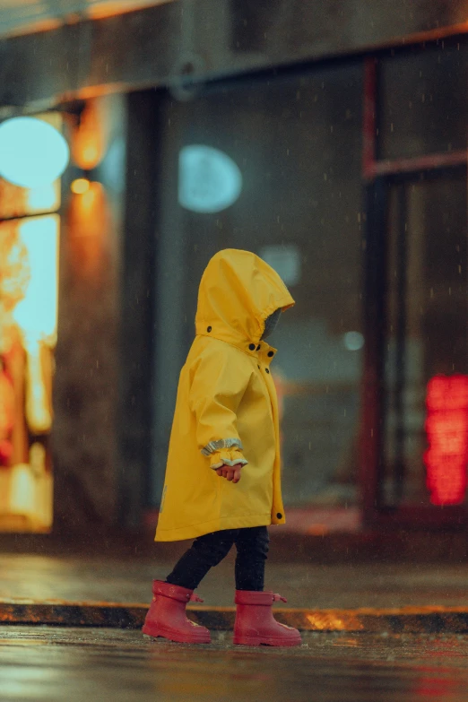 child in raincoat on sidewalk at night time