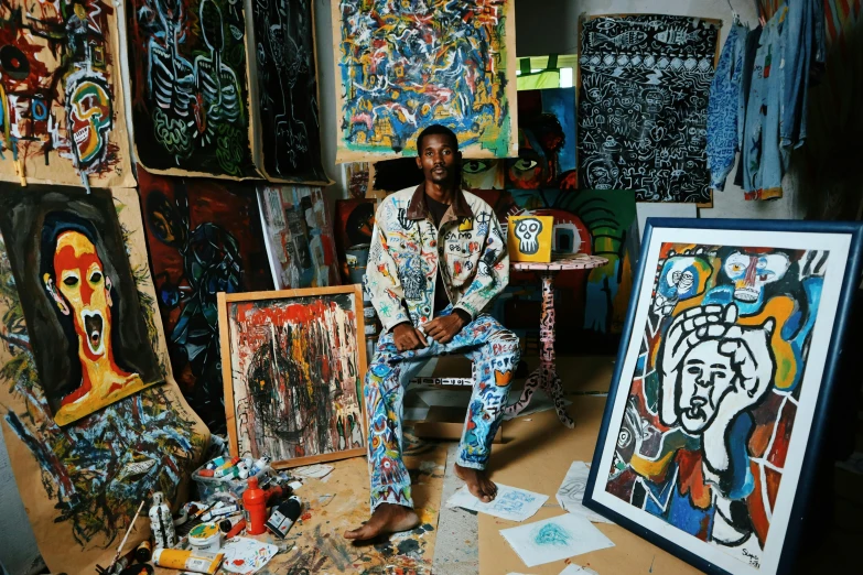 man in a room full of art work