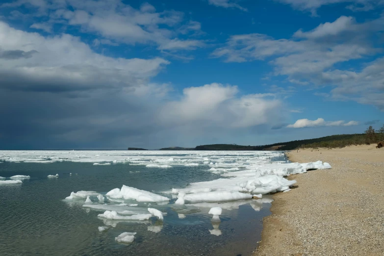 an icebergs body of water next to some rocks and sand