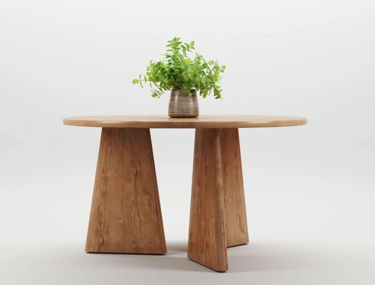 wooden stool with plant in ceramic vase on top