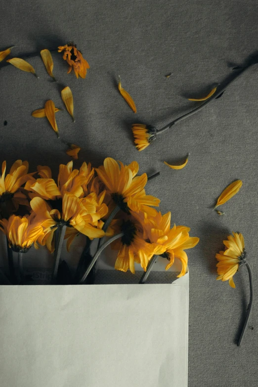 a bag full of yellow flowers with one dead