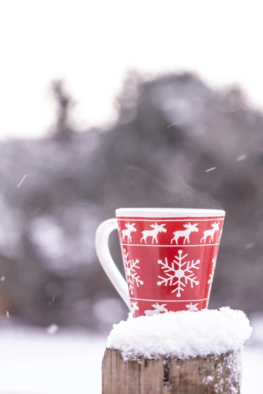 a red and white cup on a wooden post