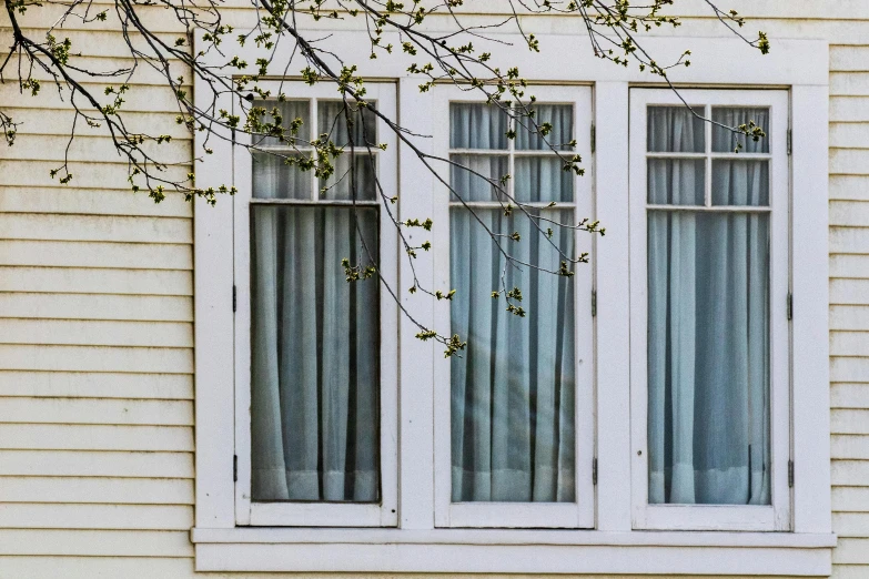 two windows in front of a house with sheered curtains on them