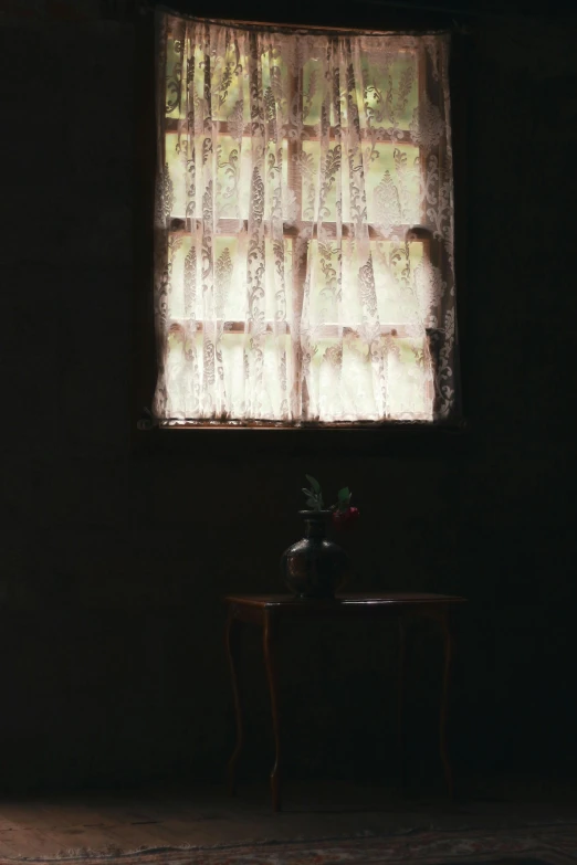 a view of a window behind the curtains