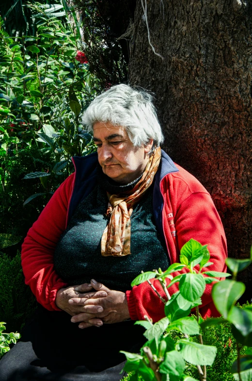 an older woman sitting in a garden, gazing at soing