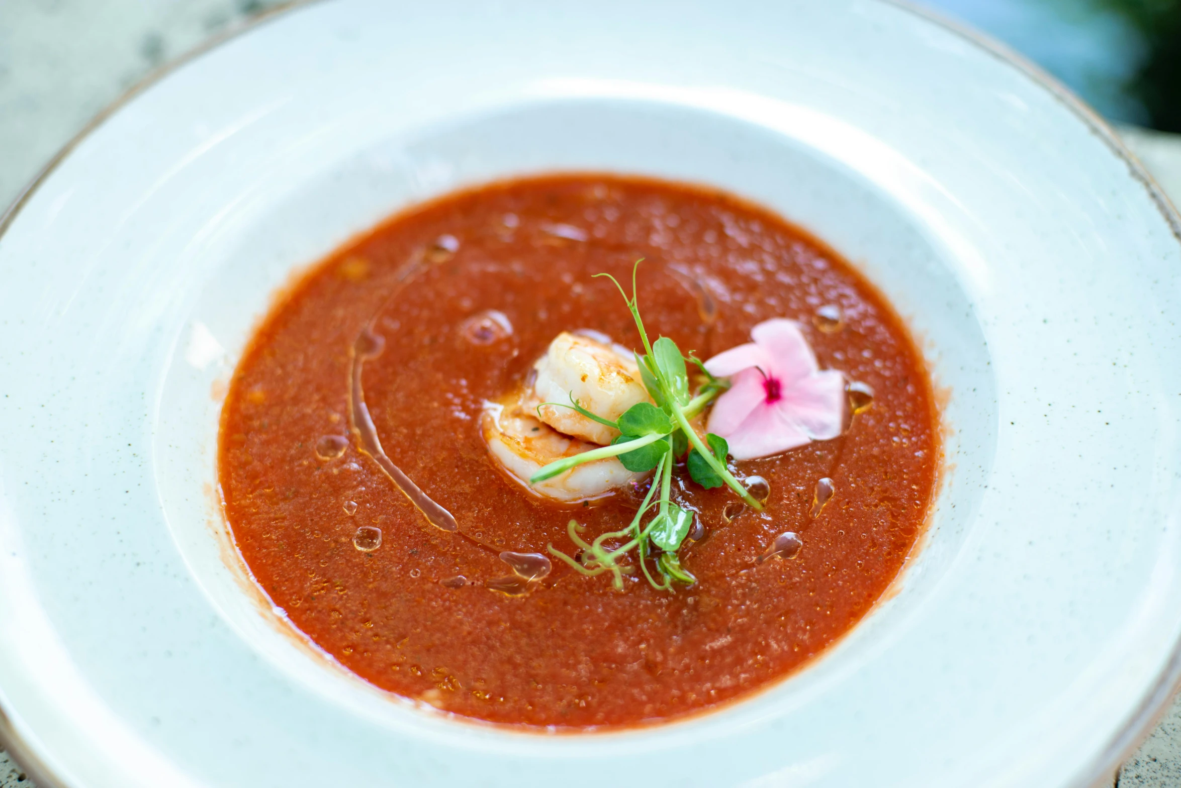 a bowl of soup with a piece of bread and a flower