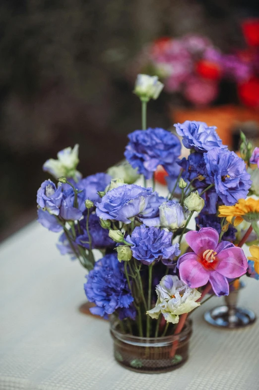 colorful flowers in a cup sit outside