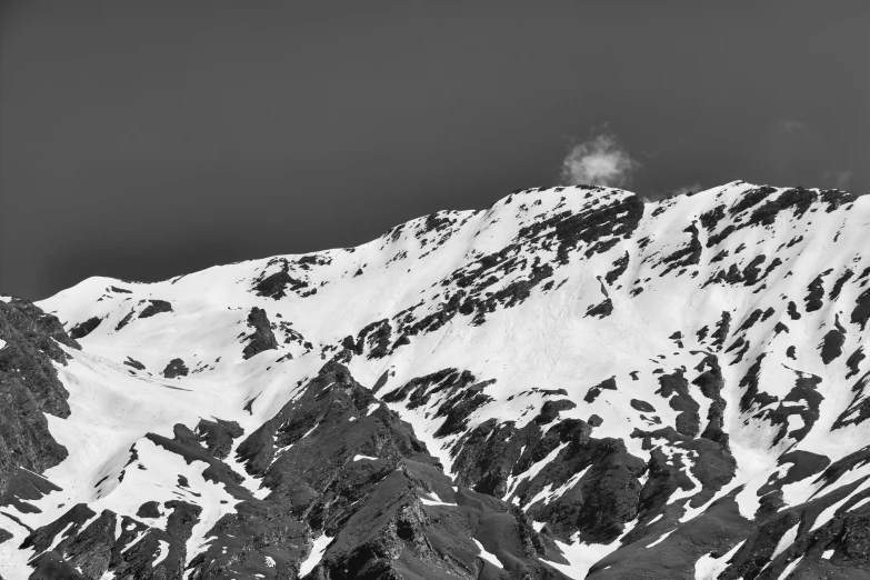 a black and white po of snow covered mountains