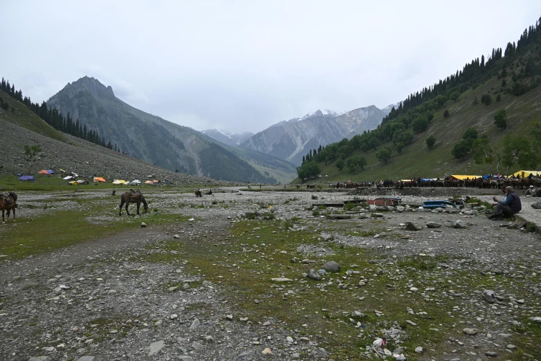 two people riding horses in a field surrounded by mountains