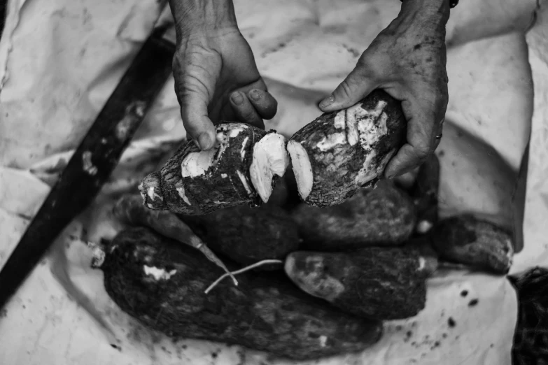 black and white pograph of a hand holding an unpeeled piece of food