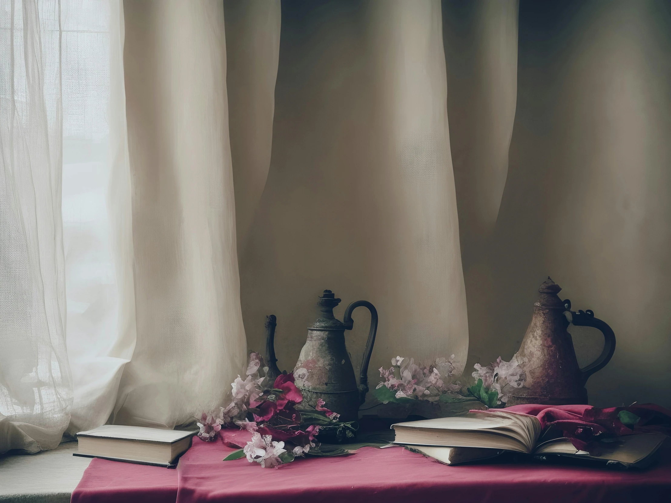 a tea kettle, book and some flowers on a table by a window