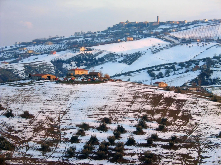 a snowy mountain with houses and trees in the snow