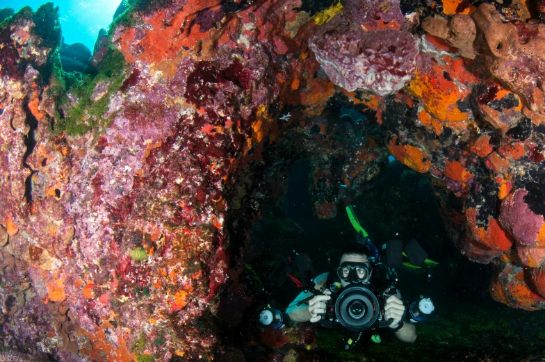 a camera and scuba gear are seen in a sea cave