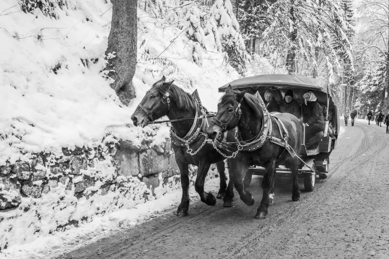 black and white pograph of people riding in a horse drawn carriage