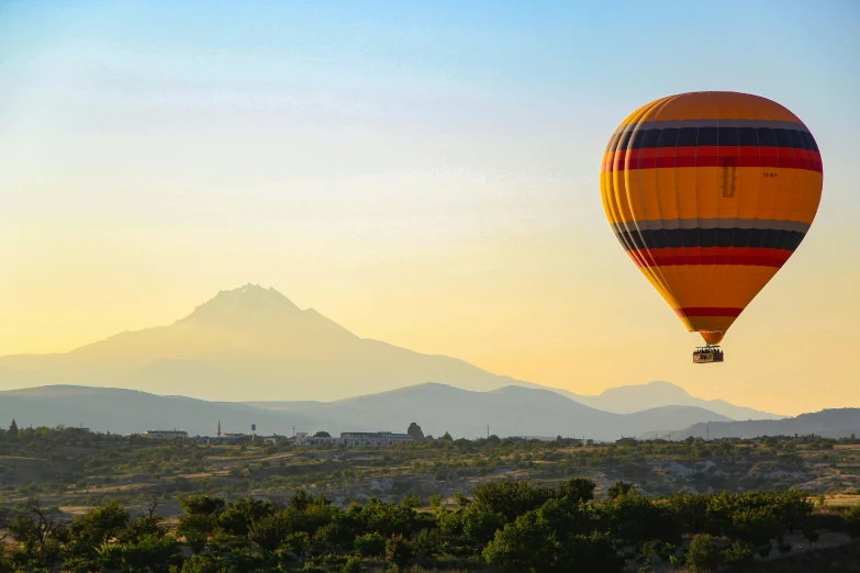 a large  air balloon flying above a lush green field