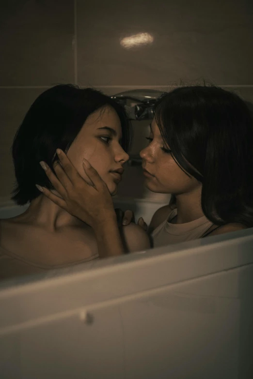 two women talking in a bathtub, with the reflection of a mirror behind them