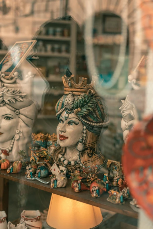 an ornate figurine is on display in a window