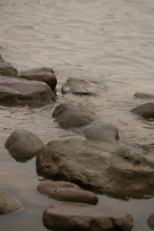 rocks and debris along side the water in the rain