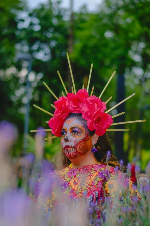 a woman wearing a colorful costume standing in the grass