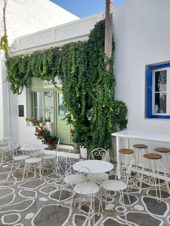 white tables with chairs are next to a wall with ivy