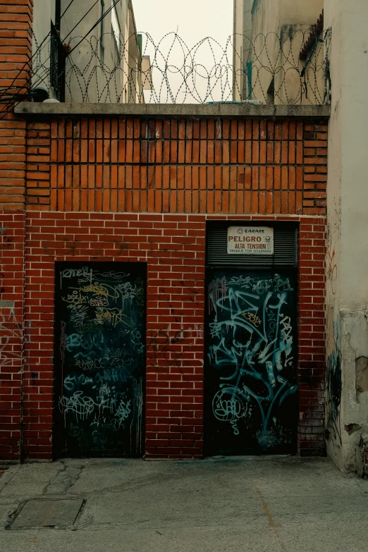 two doors with graffiti on the side of a building