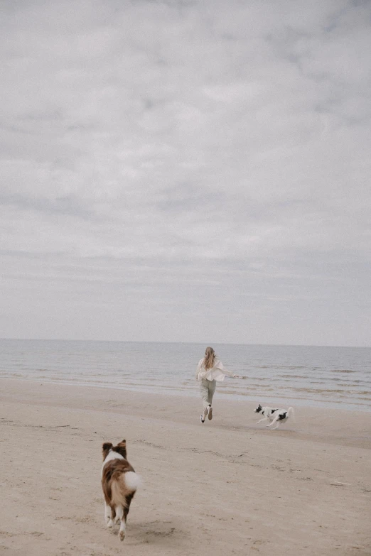 two people and their dog running on a beach