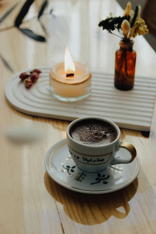 a cup on a saucer with a candle next to it