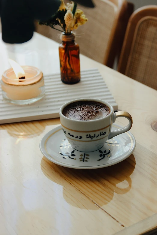 a small coffee cup on a saucer