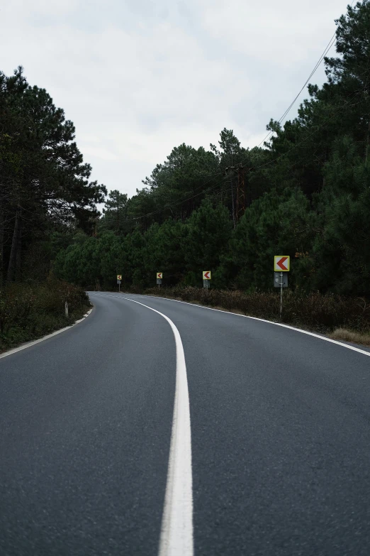 a black road with white stripes and trees on both sides