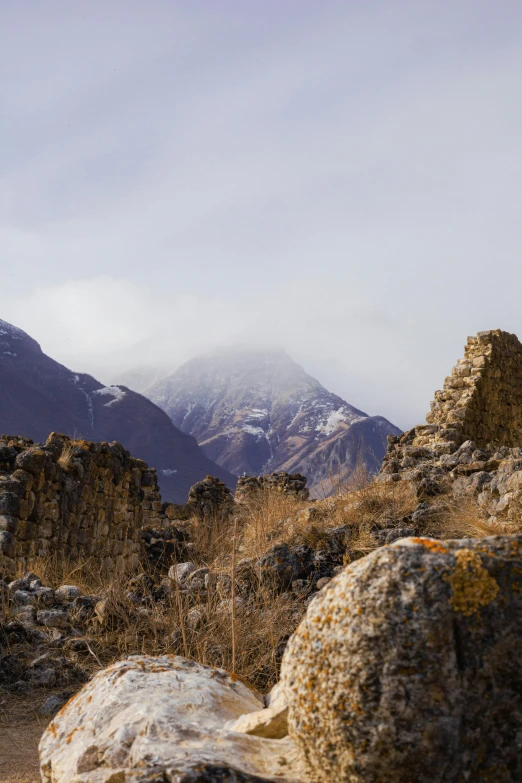 mountains, with moss, rock, and grass with rocks in the foreground