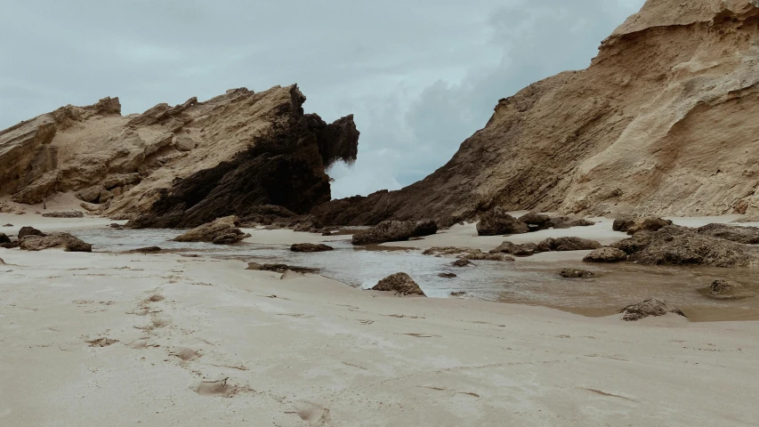 sandy beach with footprints and rocks in the background