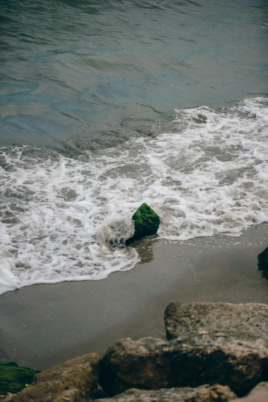 an ocean beach with small foamy waves hitting the shoreline