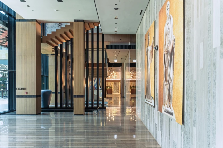 the hallway is decorated with artistic paintings and art