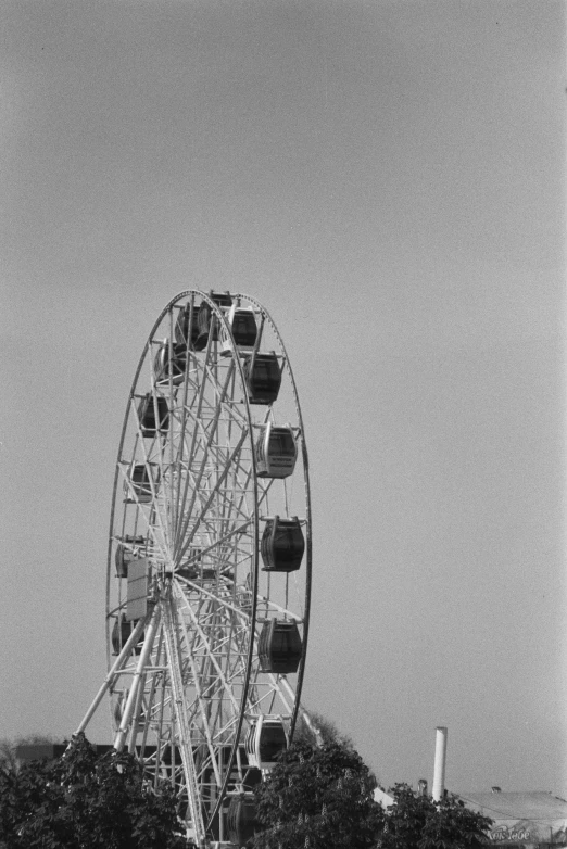 black and white pograph of a ferris wheel at the ocean
