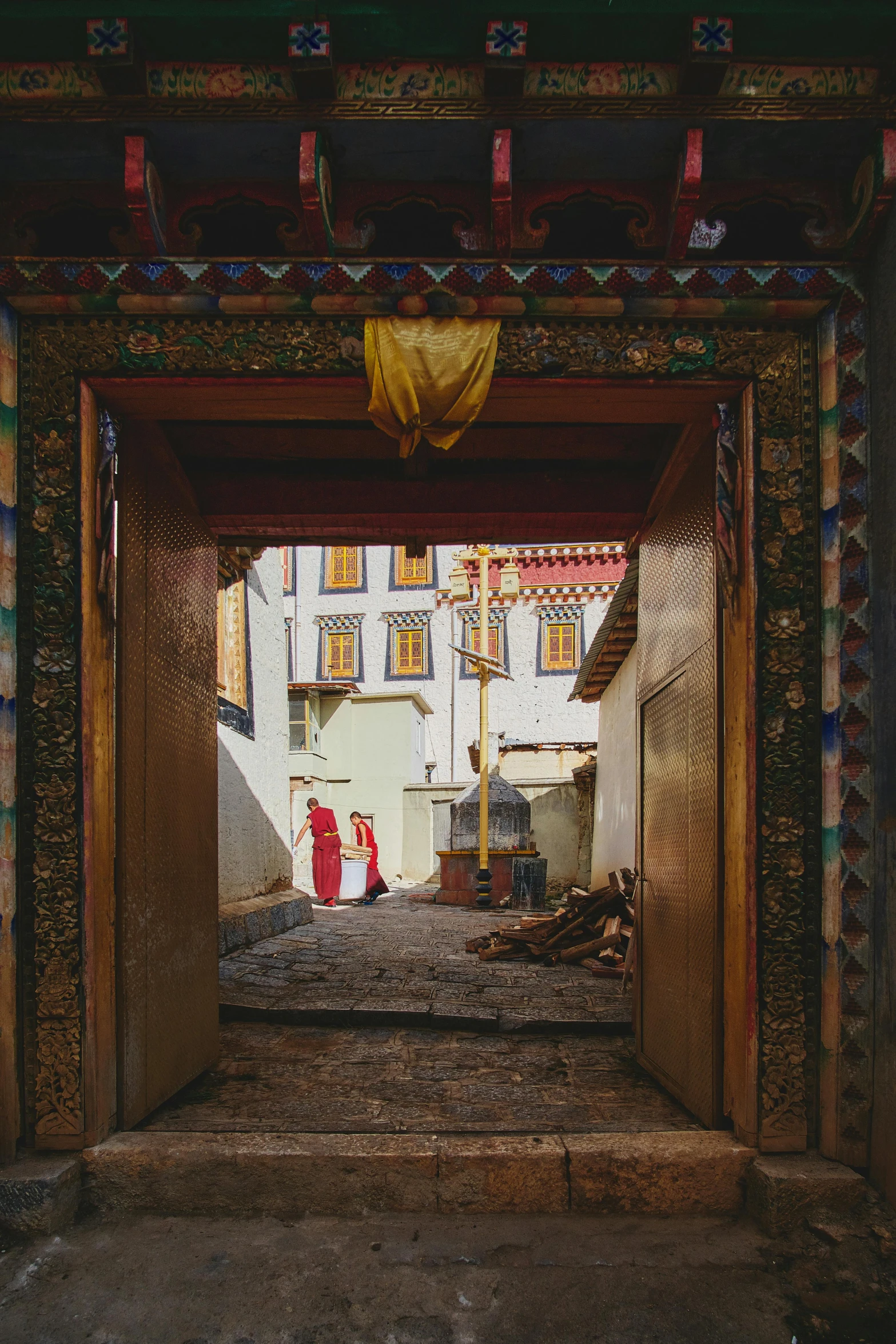 an entrance to a building that has been decorated