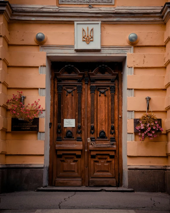 the two doors of the building are brown