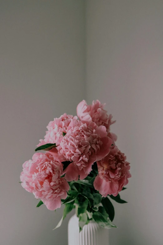 a white vase holding pink peonies with green stems