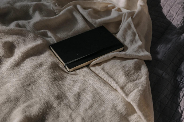 a book on a bed covered in blankets