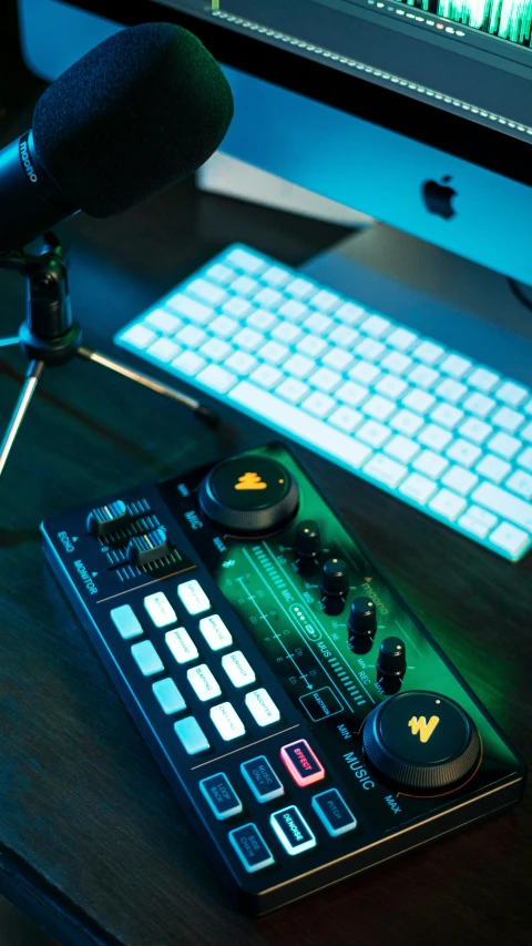 a dj's controller is sitting in front of an apple computer