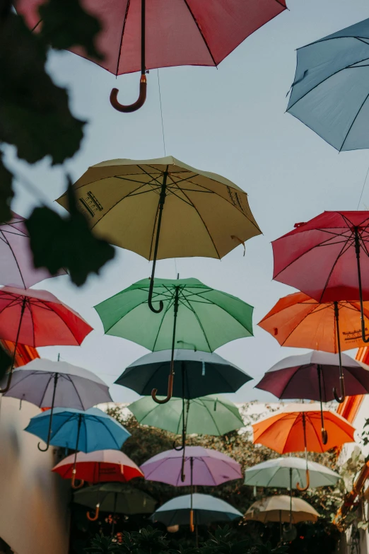 umbrellas hang in the air over people sitting on benches