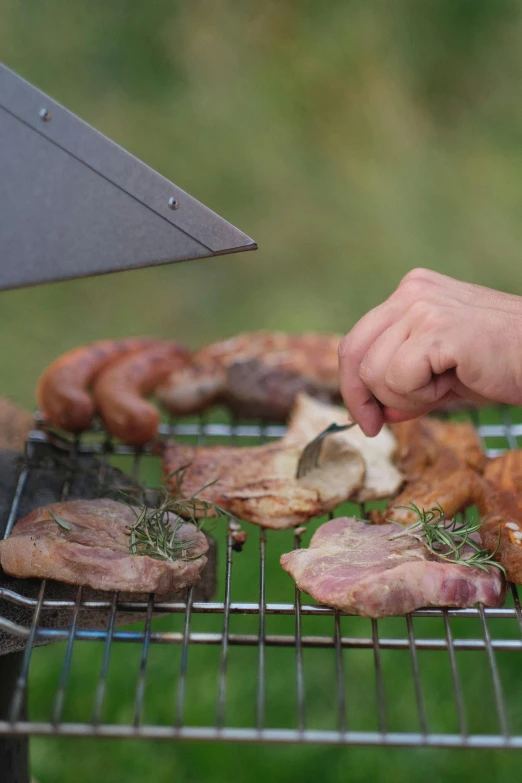 a hand is picking meat from a rack