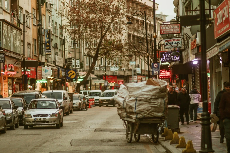 a woman hing a cart down the street