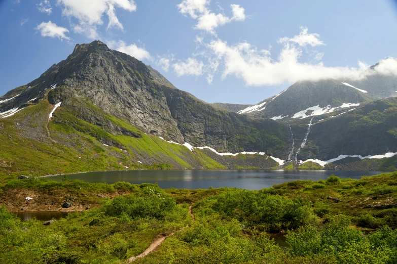 there is a lake and a mountain covered in snow